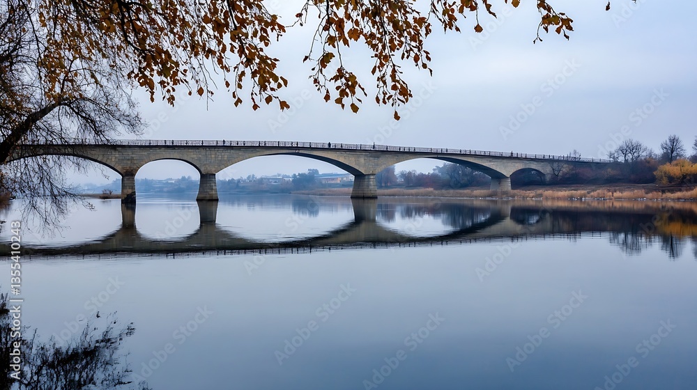 Poster beautiful arch bridge reflected in calm water surrounded by autumn leaves : generative ai