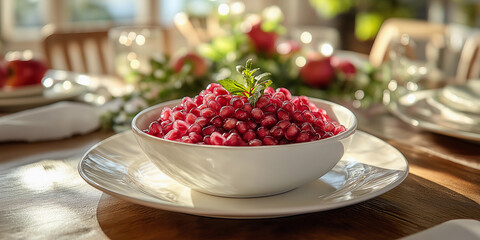 Pomegranate seeds in a bowl on a festive table, mint garnish. Warm light, festive decor backdrop.