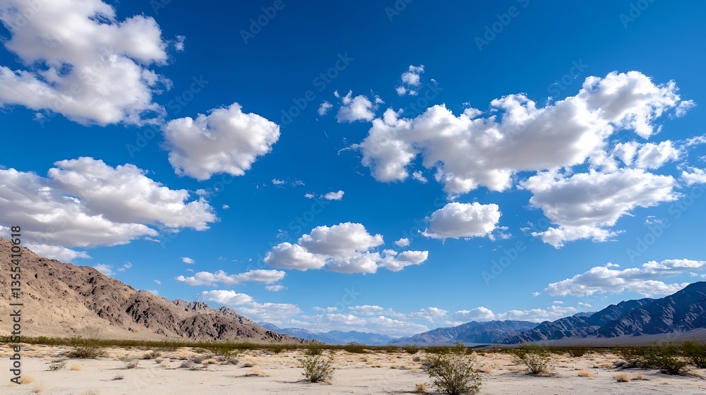 Aufkleber breathtaking desert scenery featuring a dramatic blue sky filled with fluffy clouds and rugged mount