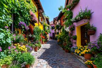 Colorful flower-filled street, European village, sunny day, tourism