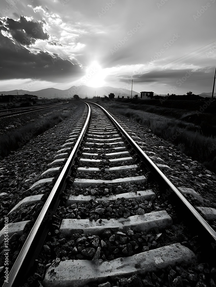 Poster dramatic black and white view of railway tracks bending towards the horizon under cloudy skies : gen