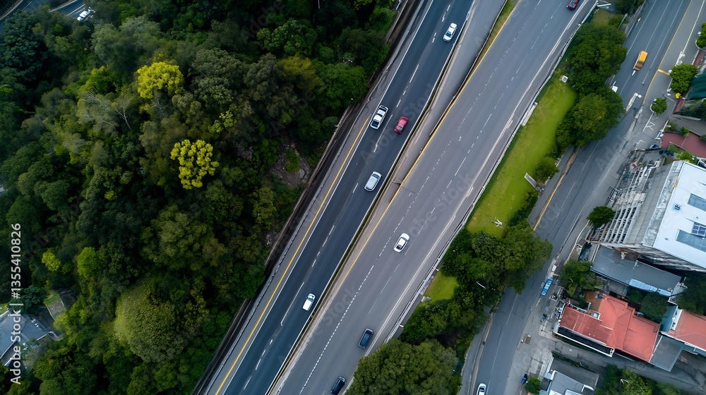 Poster dynamic aerial shot of a busy urban highway lined with lush trees and vehicles : generative ai