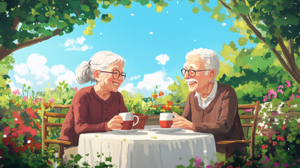 Elderly couple relax outdoor country house, lovely romantic grandma and grandpa rest in garden flat vector illustration, cozy old age.