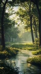 Fototapeta premium A serene forest scene with a gentle stream surrounded by lush greenery and soft sunlight.