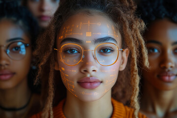 Obraz premium Young Woman with Futuristic Face Paint Digital Art Modern Technology Abstract Design Trendy Glasses Orange Hues Creative Portrait 