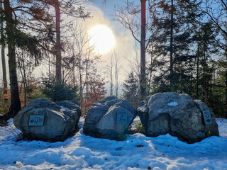 Snowy Wisła scene with rocks bearing plaques in a forest, sun glowing through trees with a lens flare effect