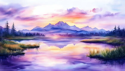 Fototapeta premium Colorful Mountain Lake Sunrise Reflection