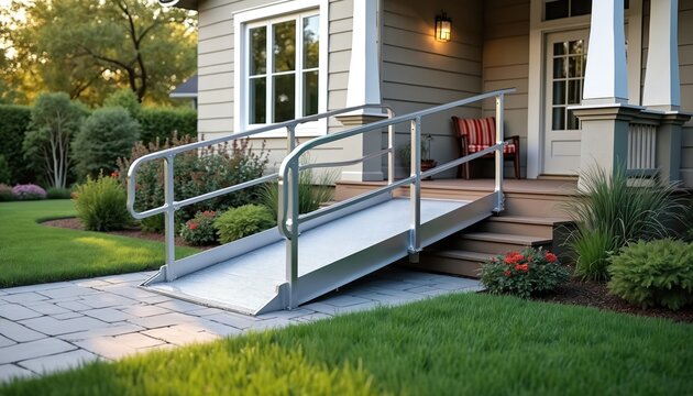 Single family house with wheelchair ramp for easy access. Entrance with ramp provides accessibility for disabled people. Modern design with simple clean lines in suburban residential property.