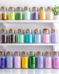 Colorful powders in glass jars on white shelves