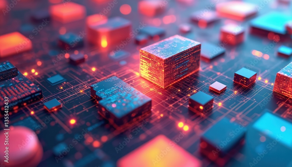 Poster Abstract digital artwork with glowing electronic components. Tech concept of cyberspace, network, modern cloud computing, data processing, circuit board, server, programming elements, used in web