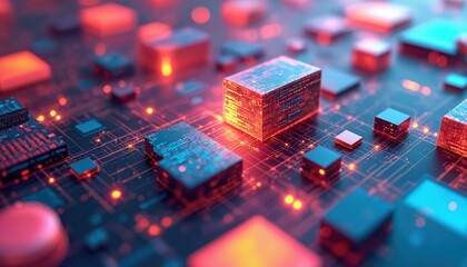 Abstract digital artwork with glowing electronic components. Tech concept of cyberspace, network, modern cloud computing, data processing, circuit board, server, programming elements, used in web