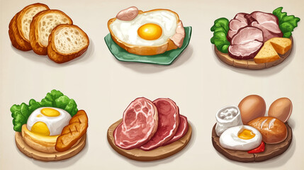 Breakfast healthy food meal icons drinks flat design bread egg lunch healthy meat menu restaurant vector illustration.