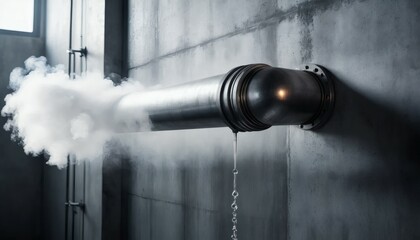 Industrial Pipe with Steam Leaking Into Room with Concrete Walls