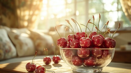 Icy red cherries in a warm living room setting, elegant backdrop softly out of focus