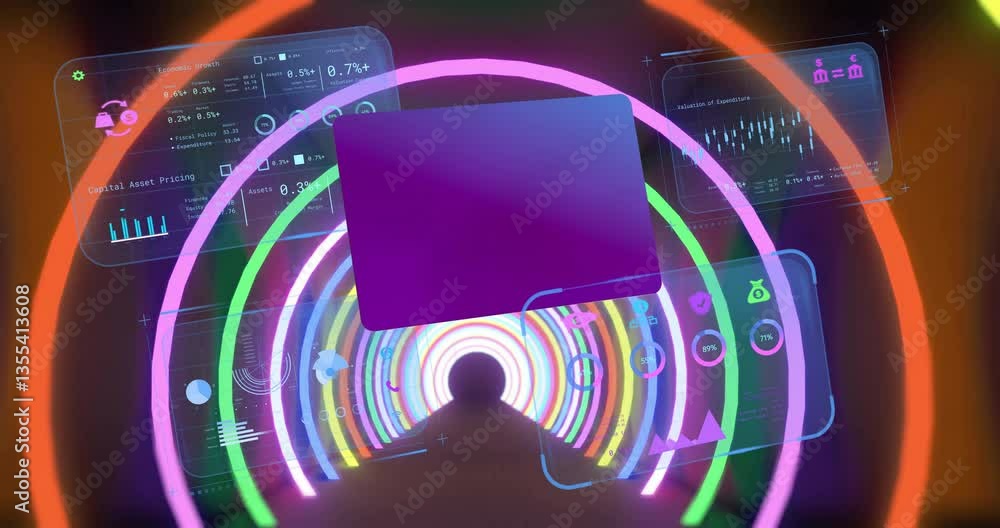 Poster colorful digital interface with data charts and graphs over neon tunnel animation