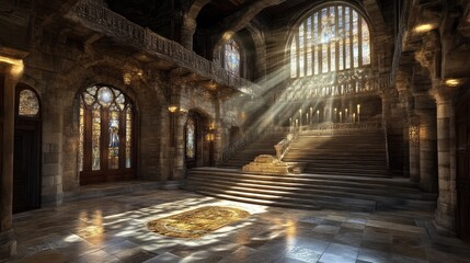 Obraz premium Grand hall with stained glass and sunlight streaming through. Ancient stone architecture, elaborate details, majestic staircase, and a sense of grandeur
