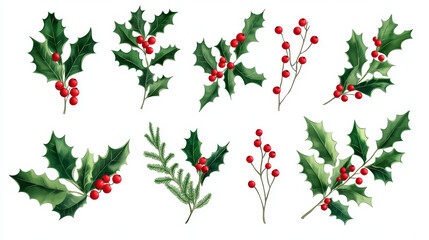Christmas holly berry decoration vector leaves tree set, Xmas traditional Holly Berry symbol leaf icon branch illustration