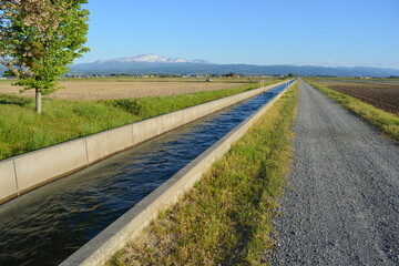Naklejka premium 農道と農業用水路 田園風景