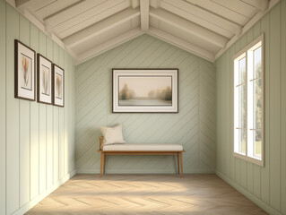 Obraz premium Modern hallway with wall panelling in neutral and light sage. Hall with wood panels, minimalist natural wood furniture and artwork on the wall.
