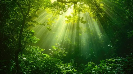 Obraz premium A lush rainforest with towering trees, dense foliage, and misty rays of light piercing through the canopy 