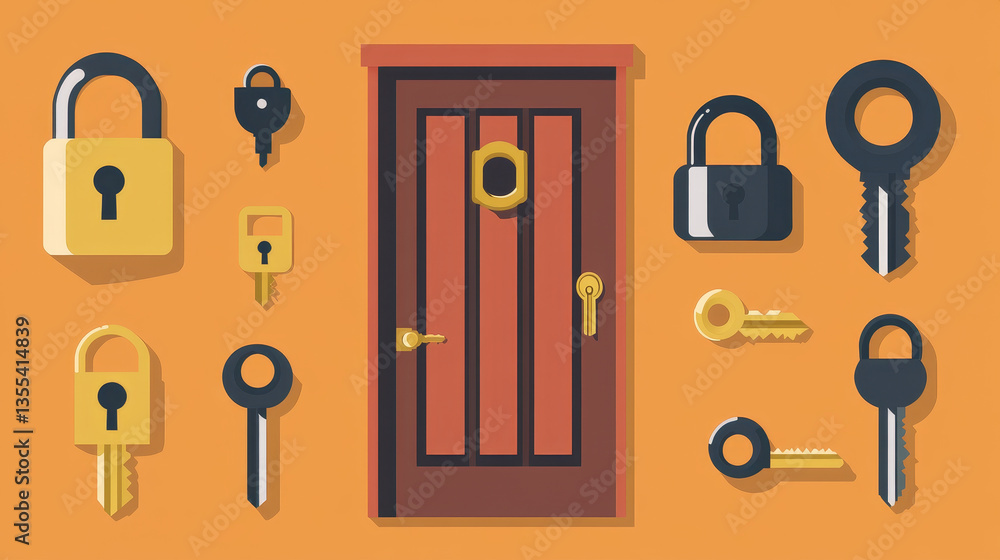 Aufkleber different house door lock icons set vector safety password privacy element with key and padlock, pro