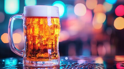 Close up of retro 80s style beer mug. Retro vibes