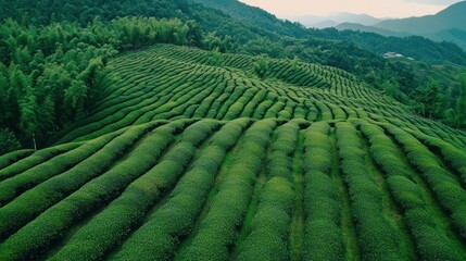 Fototapeta premium Scenic aerial view of lush green tea plantations cascading down rolling hills