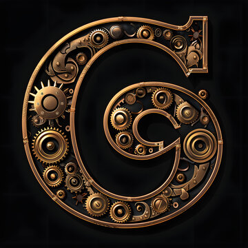 Ornate Steampunk Letter G: Vintage Metallic Gear and Clockwork Typeface Design