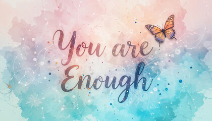 Obraz premium A soft painting watercolor scene of the quote “You Are Enough” with a butterfly.