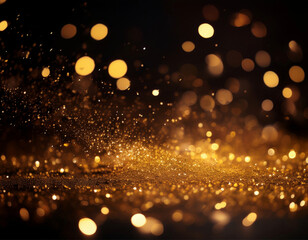 Golden Glitter Particles Floating in the Dark with Cinematic Bokeh Light Effect