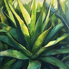 Close-up of aloe vera leaves in a garden, vibrant green and rich textures, sunlight casting soft shadows, photorealistic and natural