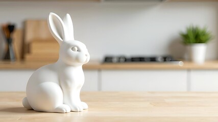 Wooden table top front view, Easter pastel egg, ceramic white rabbit or bunny, blur minimalistic scandinavian kitchen interior backgroun, for montage product display or design key visual layout