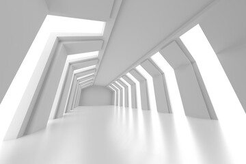 Obraz premium Futuristic white geometric corridor with angular light patterns. 3d render
