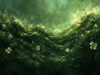 Obraz premium Abstract Green Waves with Delicate White Flowers in a Mystical Atmosphere