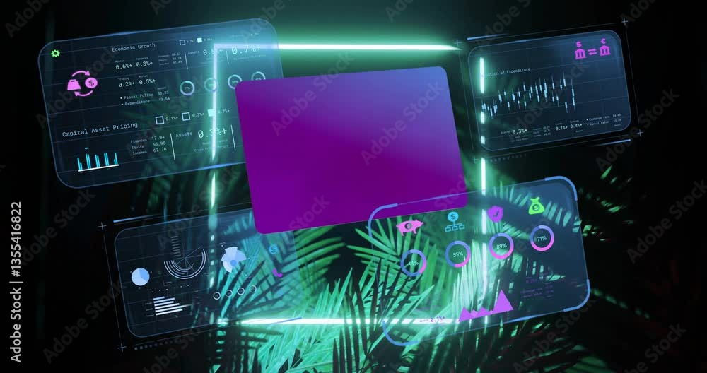 Poster animation of glowing neon lights with futuristic digital interface and data charts