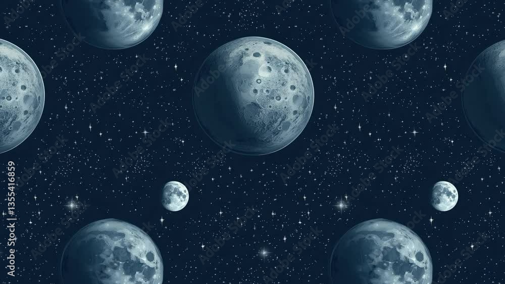 Poster seamless looping video pattern of large moons and planets in dark space.