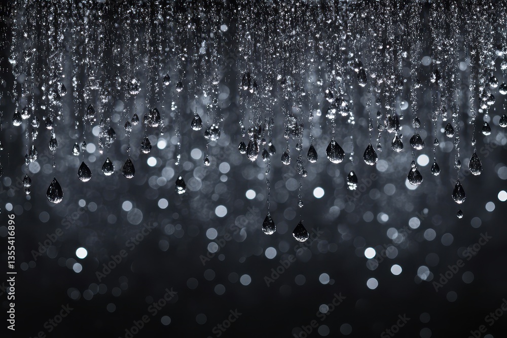 Poster raindrops hang glistening against a bokeh background, creating a calming texture. use this abstract 