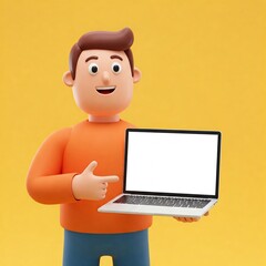 3D Cartoon Man Presenting Laptop Mockup