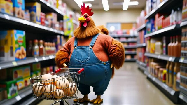 A Chicken Walking in a Grocery Store Aisle