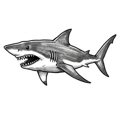 Fototapeta premium Gray-scale sketch of a shark, showcasing sharp teeth and fins, representing power, danger, and the ocean's wildness