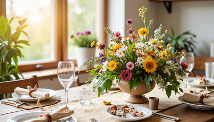 Cozy rustic table setting with floral centerpiece, warm ambiance, Floral centerpiece, Spring Wedding Expo 