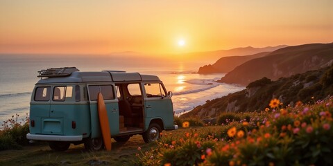Vintage van at sunset with surfboard by the ocean  