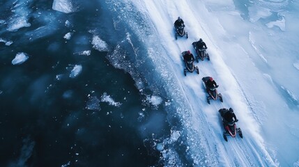 Aerial view of snowmobiles traversing frozen terrain in extreme winter conditions