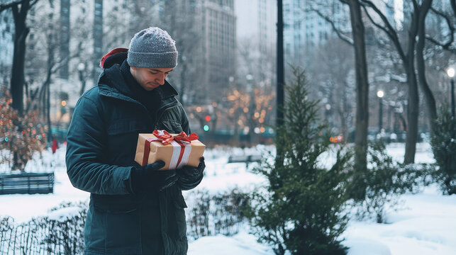 Male character present christmas gift box, person man flat vector illustration. International xmas holiday and eve new year, person standing winter season outdoor park, city background.