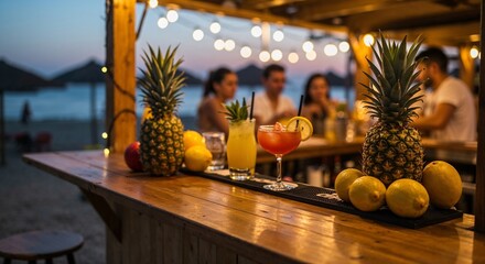 Tropical cocktails and fruits served at a beach bar during sunset  