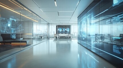 Fototapeta premium Futuristic high-tech office interior featuring sleek glass walls and digital interfaces