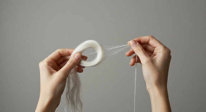 Hands demonstrating a craft technique while holding a white wool loop against a gray background