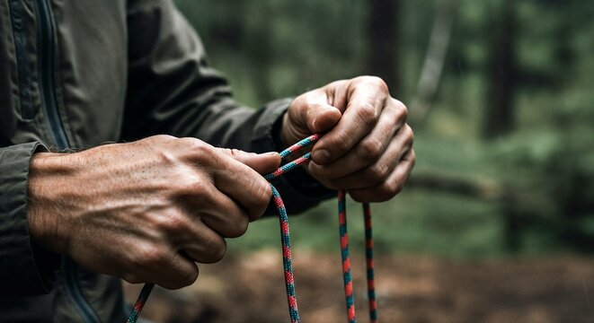 Hands holding paracord in a green forest during an outdoor activity