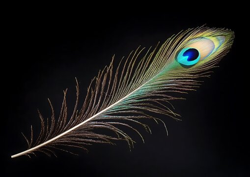 A beautiful colorful feather lays against a black background
