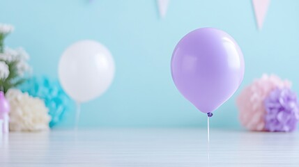 Pastel-toned party scene with a single, vibrant purple balloon